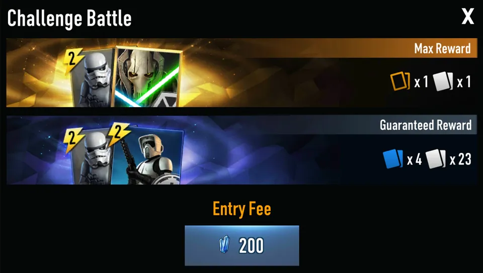 All Out War Challenge Battle rewards: max reward 1 Legendary, guaranteed 4 Rare and 23 cards, entry fee 200 Crystals