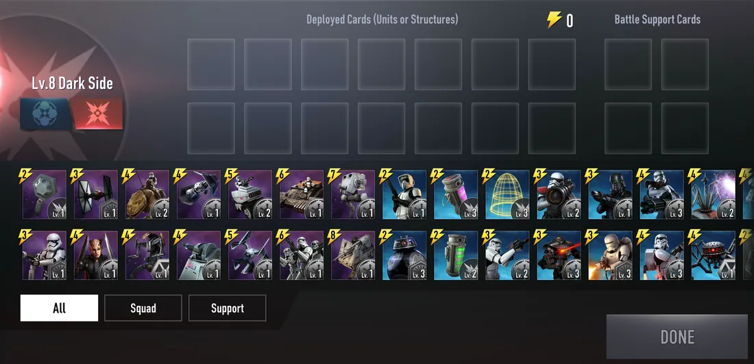 All Out War deck screen for the Dark Side: 14 Deployed Cards slots, 4 Battle Support Cards slots, and your cards with their levels below
