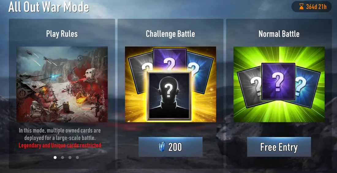 All Out War Mode screen with Play Rules, Challenge Battle for 200 Crystals and Normal Battle with free entry