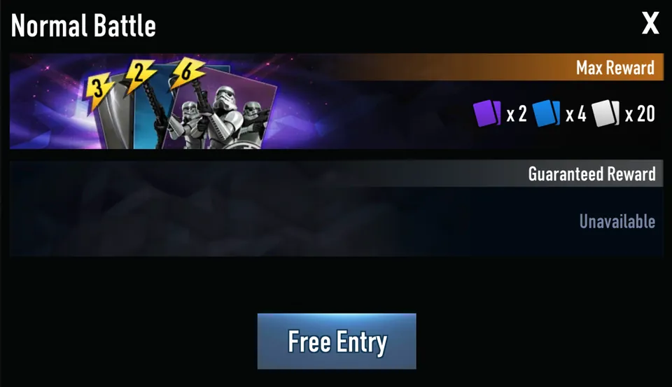 All Out War Normal Battle rewards: max reward 2 Epic, 4 Rare, 20 cards, no guaranteed reward, free entry