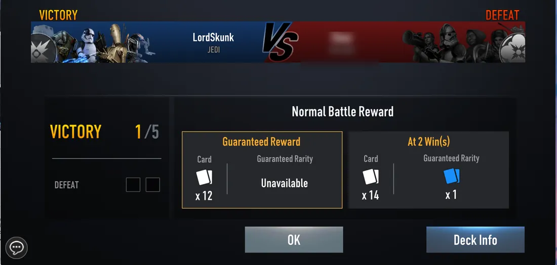 Result screen after a win: Victory 1 of 5, guaranteed reward of 12 cards and 14 cards with 1 Rare at 2 wins