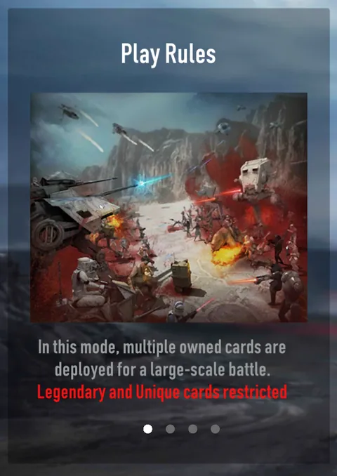 Play Rules: multiple owned cards are deployed for a large-scale battle, Legendary and Unique cards restricted