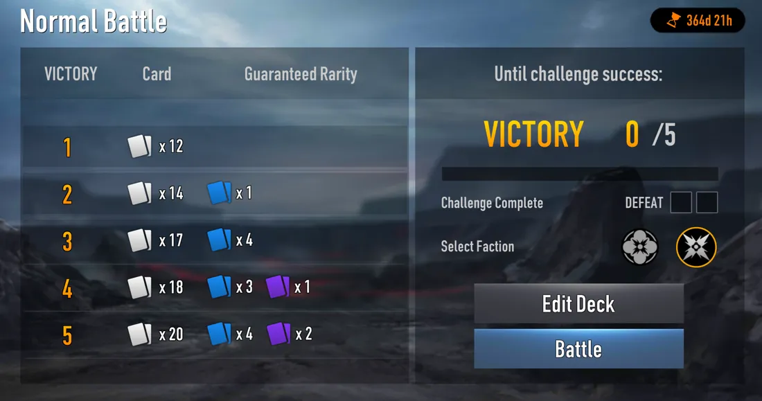 All Out War Normal Battle screen: rewards for 1 to 5 victories, Victory 0 of 5, two defeat boxes, faction select, Edit Deck and Battle buttons