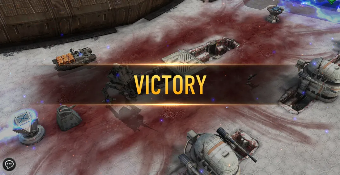 A Victory banner over an All Out War battlefield with an AT-ST and turrets
