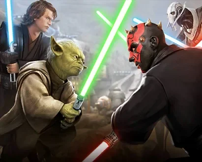 Arcade 2 vs 2 mode art from the game: Anakin and Yoda against Darth Maul and General Grievous