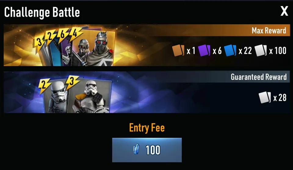 Challenge Battle rewards: max reward 1 Unique, 6 Epic, 22 Rare and 100 Common card icons, guaranteed 28 cards, entry fee 100 Crystals