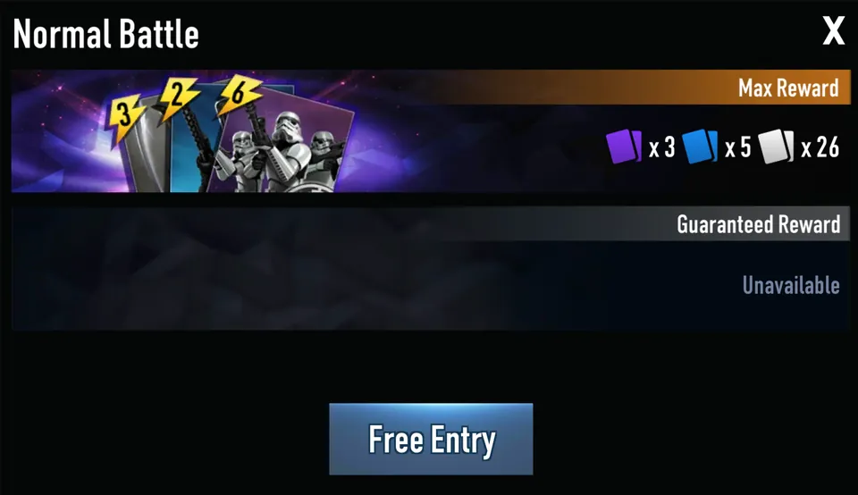 Normal Battle rewards: max reward 3 Epic, 5 Rare, 26 cards, no guaranteed reward, free entry