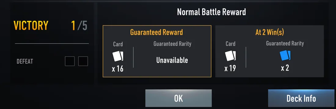 After a win: Victory 1 of 5, the reward you have locked in now, and the reward at 2 wins