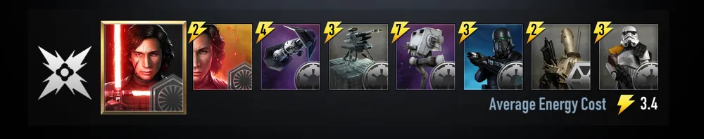 A finished Dark Side draft deck: Kylo Ren with Focused Rage, TIE Bomber, Imperial Infantry Turret, AT-ST Walker, Death Troopers, B1 Battle Droids and Sandtrooper, average energy cost 3.4