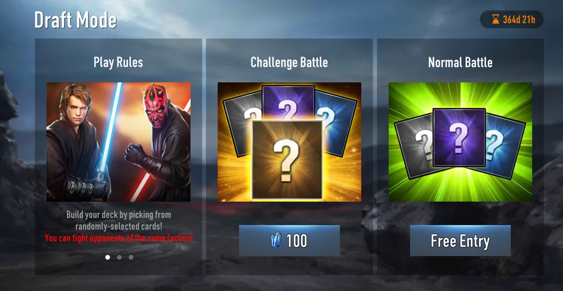 Draft Mode screen with Play Rules, Challenge Battle for 100 Crystals and Normal Battle with free entry
