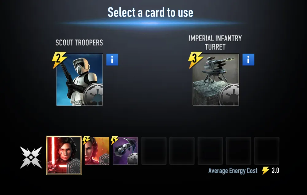 Select a card to use: a choice between Scout Troopers and Imperial Infantry Turret, with the deck so far along the bottom