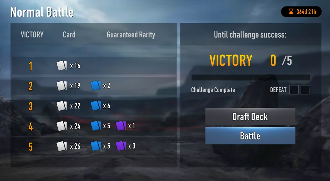 Draft Normal Battle screen: rewards for 1 to 5 victories on the left, Victory 0 of 5, two defeat boxes, and Draft Deck and Battle buttons on the right