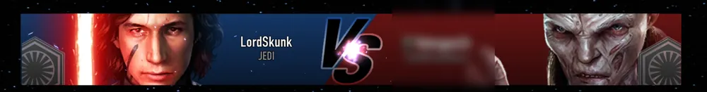 Draft Match 1 vs 1 loading screen: LordSkunk of the JEDI guild playing Kylo Ren against a Supreme Leader Snoke opponent