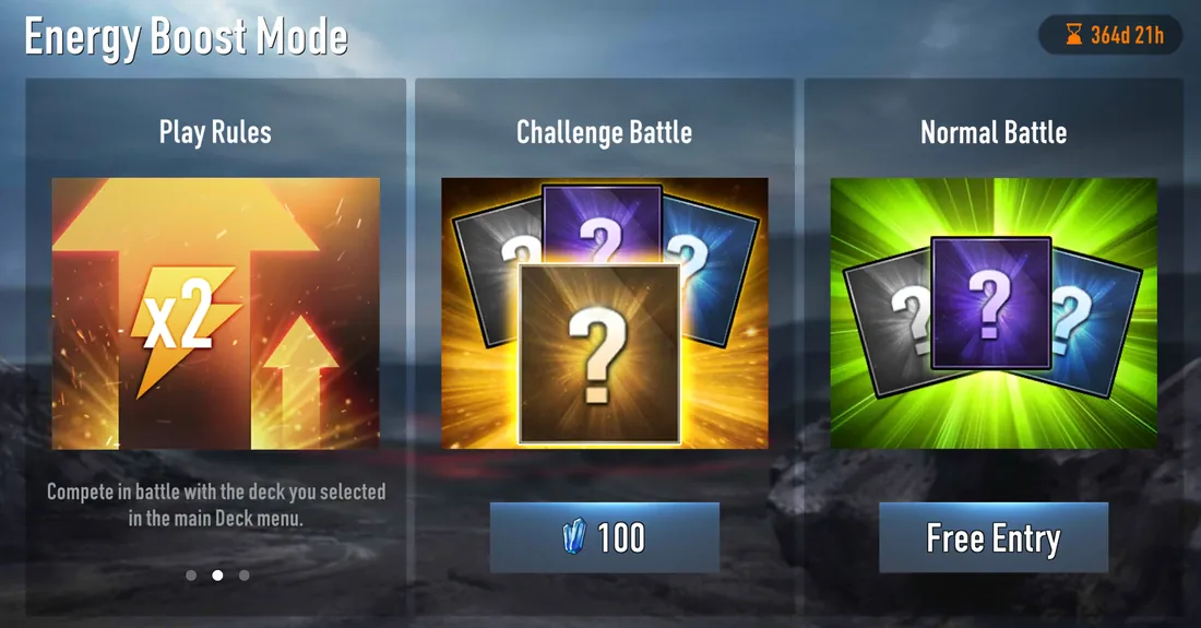 Energy Boost Mode screen with Play Rules, Challenge Battle for 100 Crystals and Normal Battle with free entry