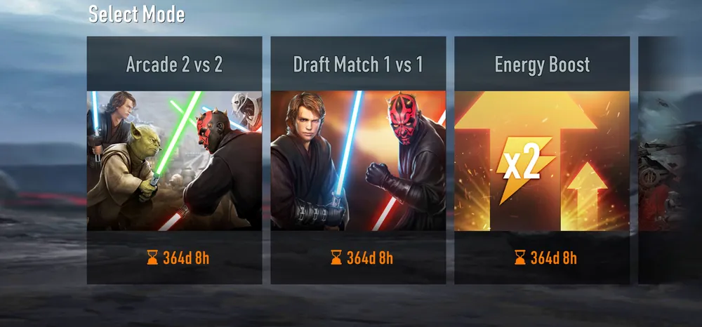 Arcade Select Mode screen with Arcade 2 vs 2, Draft Match 1 vs 1 and Energy Boost