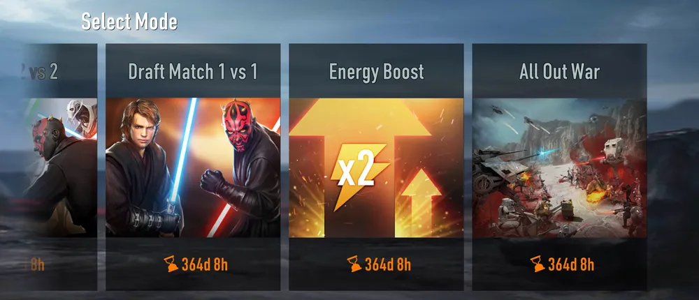 Arcade Select Mode screen showing Draft Match 1 vs 1, Energy Boost and All Out War