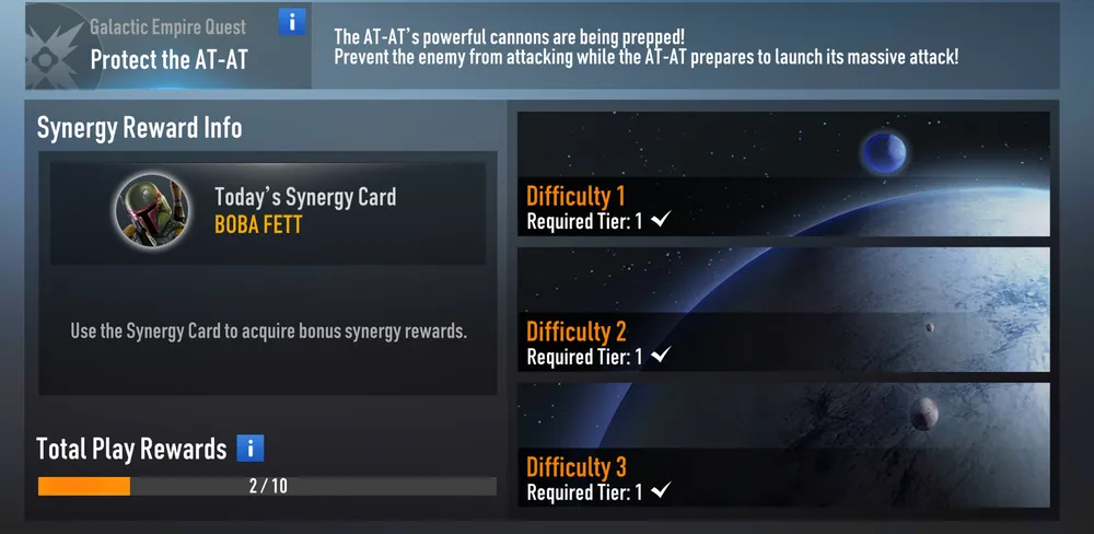 Datacard Quest screen showing Today's Synergy Card, three difficulties and Total Play Rewards