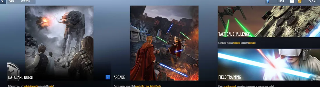 The Special Modes screen with Datacard Quest, Arcade, Tactical Challenge and Field Training