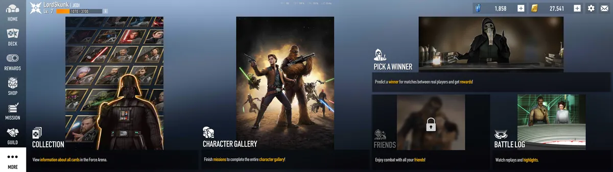 The More screen with Collection, Character Gallery, Pick a Winner, Friends and Battle Log
